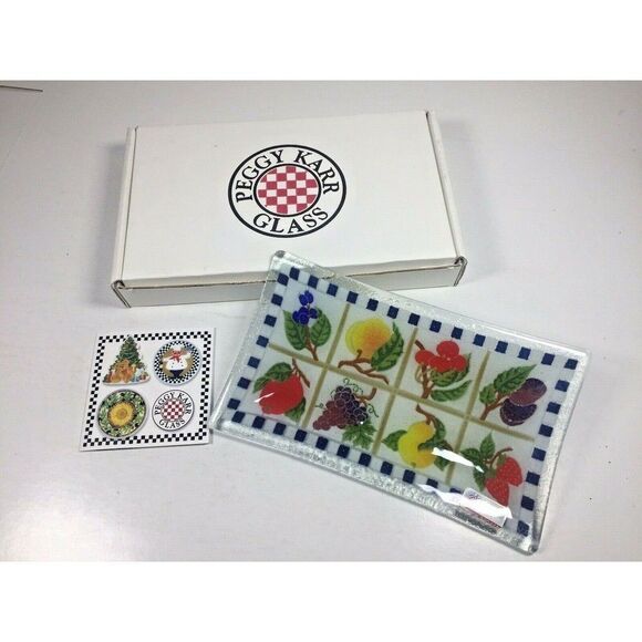 Other - Peggy Karr Fruits 10 inch Tray Fused Glass Blue Checkered Signed With Box